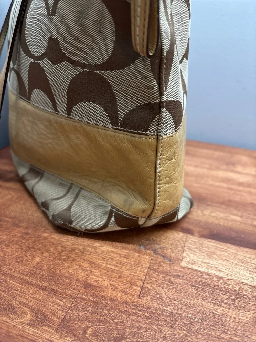 Coach Khaki Signature Canvas Tote with Gold Trim